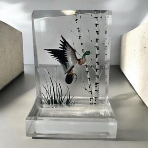 Vintage WALD Signed Lucite Mallard Duck Sculpture Reverse Carved Acrylic 1980s